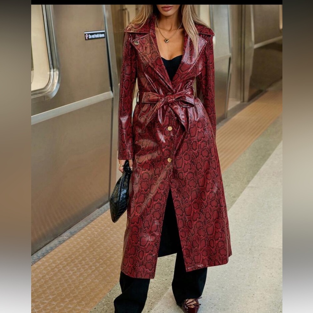 NEW Alice + Olivia Burgundy red Snake SNAKESKIN leather maxi Trench Coat Xs